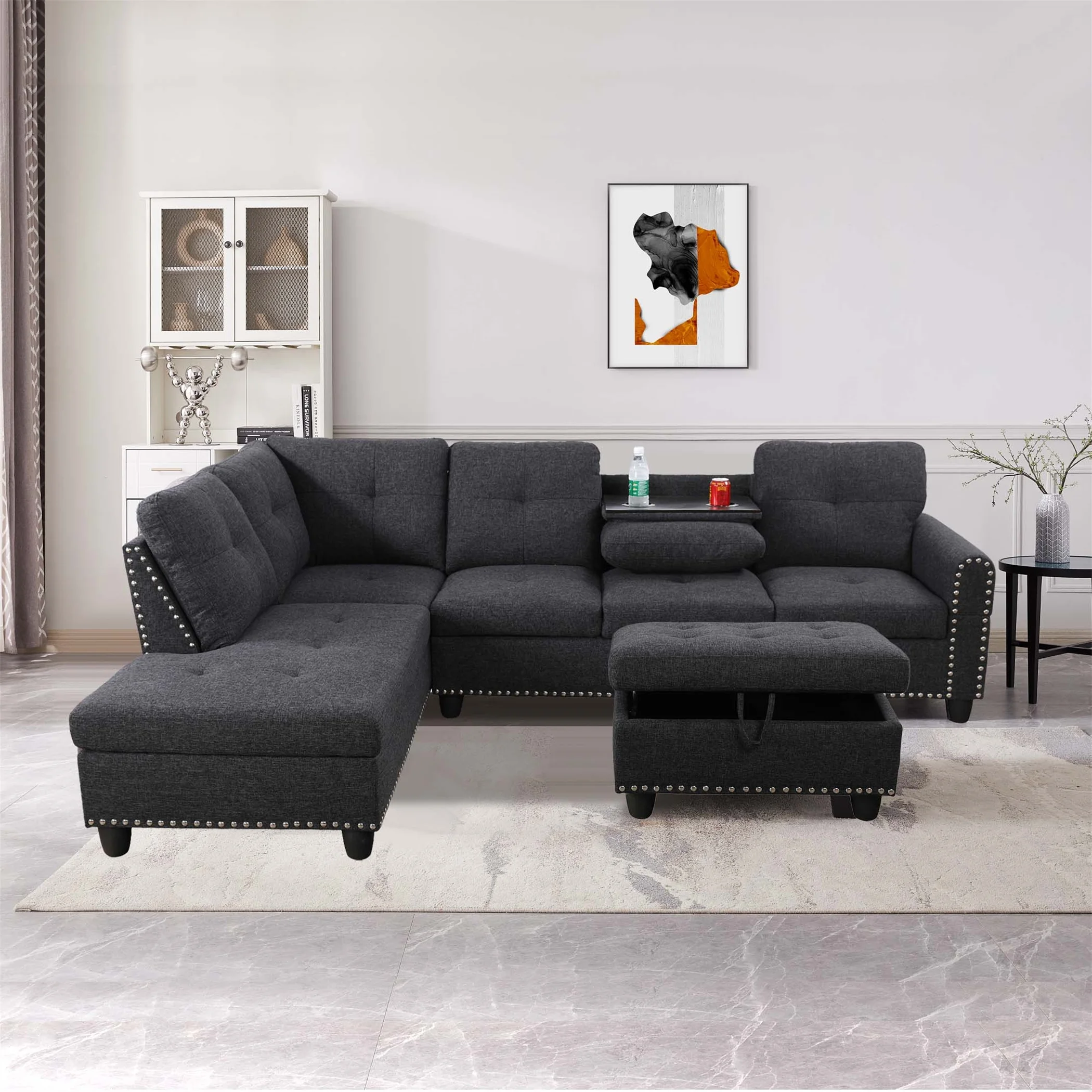 Aukfa 3 Piece Sectional Sofa, Living Room Couch with Storage Ottoman&Cup Holder, Linen, Left Hand, Black Gray