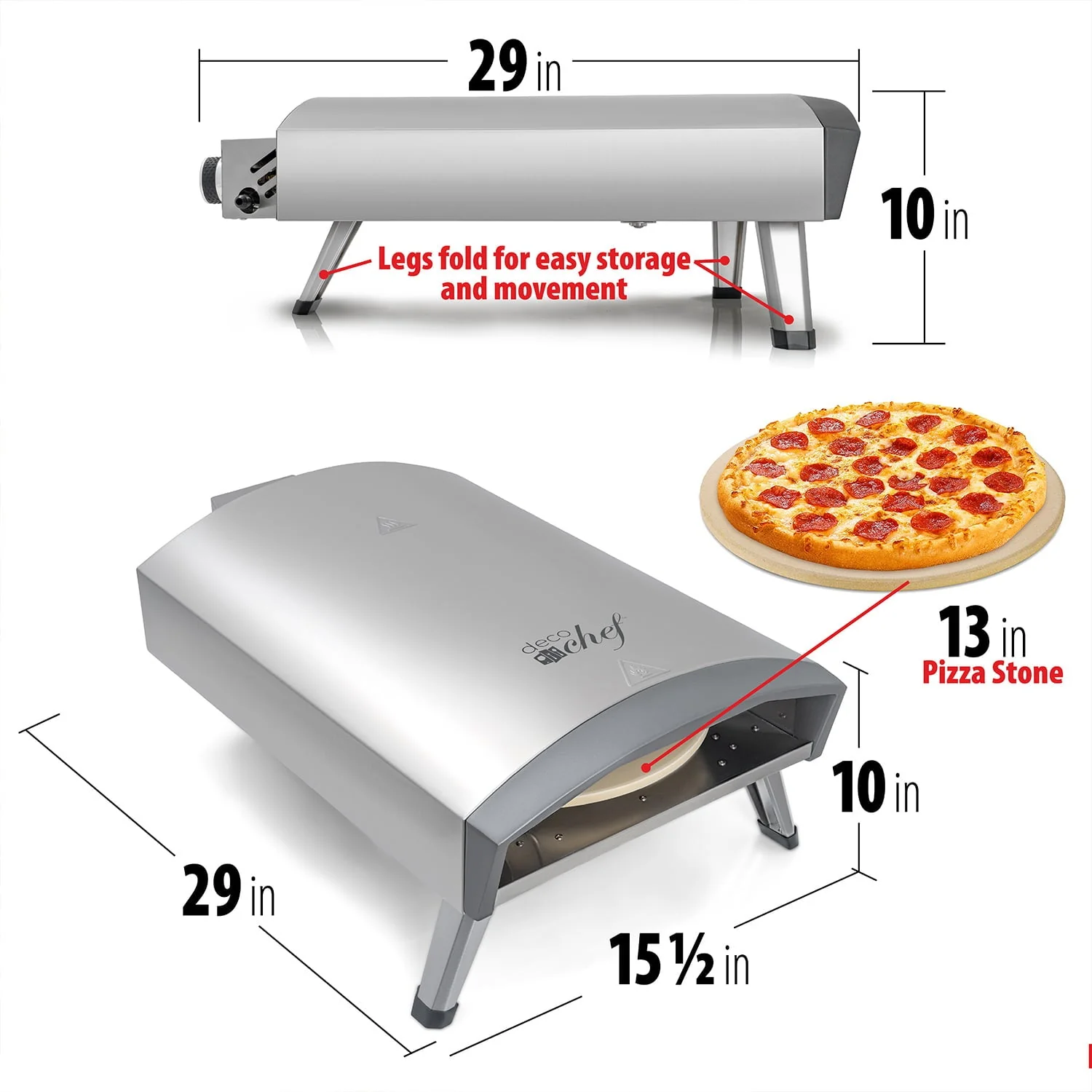 Deco Chef Outdoor Gas Pizza Oven, Portable Collapsable Design, Hassle-Free Self-Rotating Baking Stone, Accessories, Stainless Steel