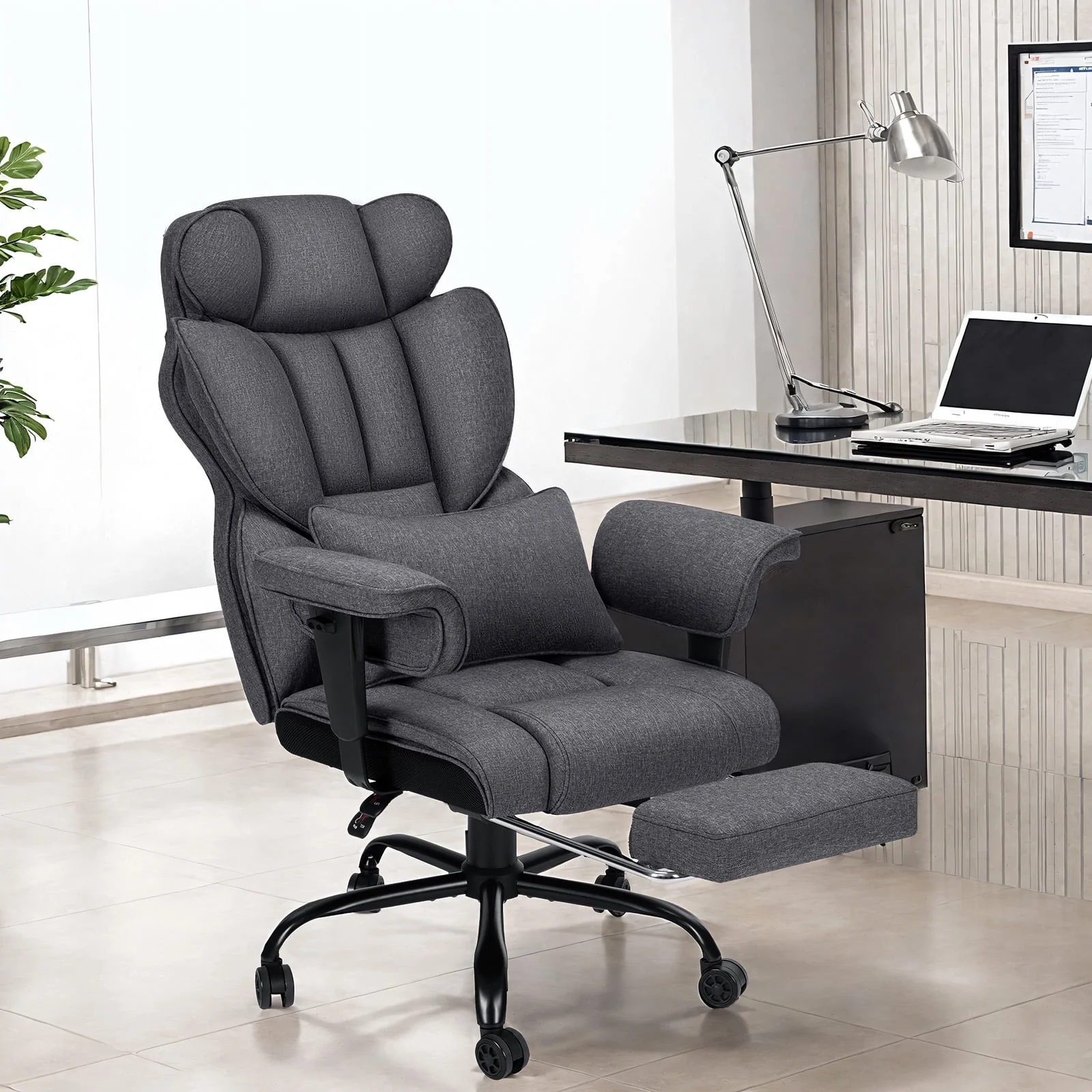 Hoffree Big and Tall Fabric Office Chair 450lbs, Executive Desk Chair with Massage Ergonomic  Computer Chair with Footrest Reclining Desk Office Chair with Lumbar Support for Home Office